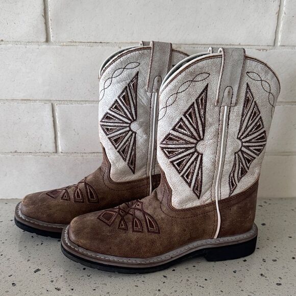 Dan Post Youth Cream and Brown Leather Western Boots Pull On Children’s Size 2 D - Picture 1 of 12